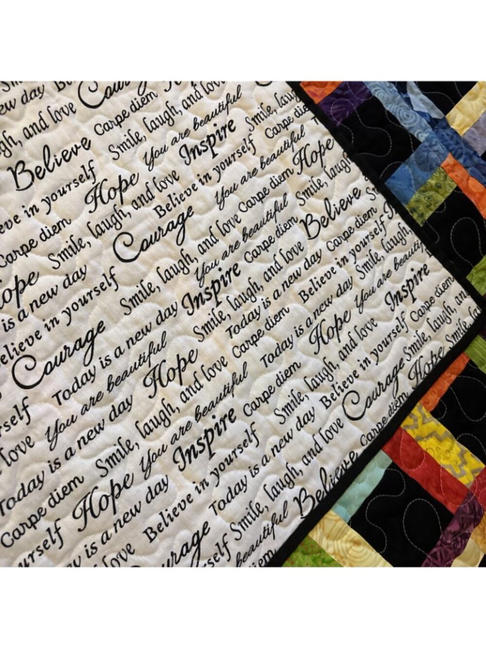 Modern Black & Multicolored Quilt Reversible Inspiring Messages  Size 67 X 67 - Picture 7 of 9